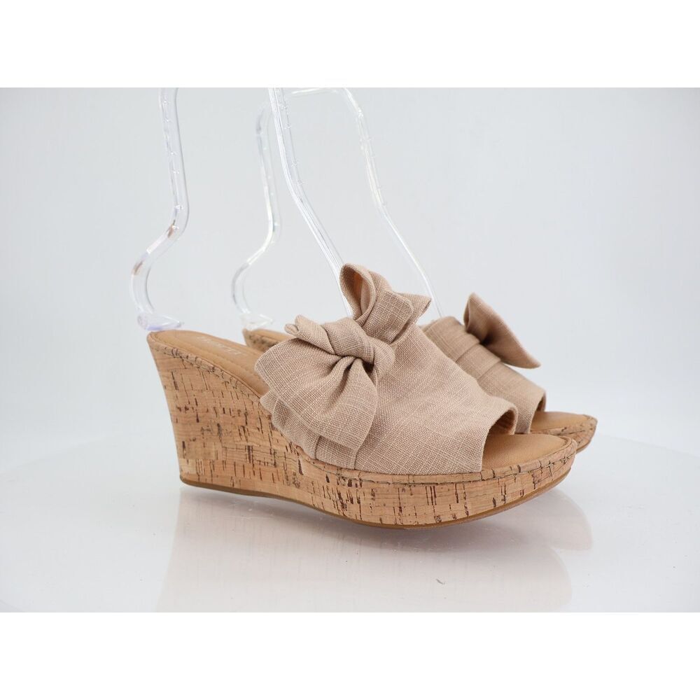 Born Adalia Sandals Slides Wedges Beige Woven Bow Slip On Cork Heel Size 10